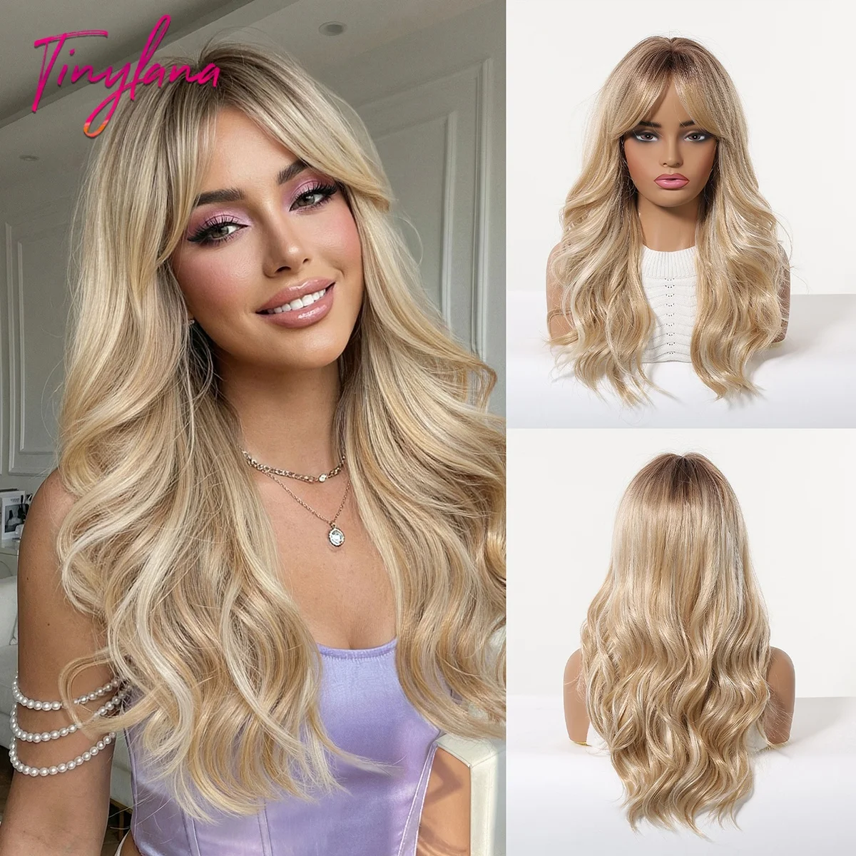 Long Body Wave Wig with Bangs, Ombre Brown Blonde Highlighted